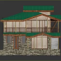 Traditional Multi Level House With Green Roof Stone Walls And Wooden Balconies
