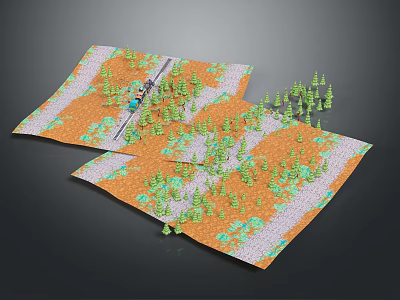 Cartoon Style Landscape Scene With Orange Ground Green Trees And Gray Road 3d model