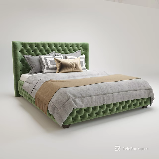 Comfortable Double Bed With Green Tufted Headboard Gray Bedspread Brown Throw Blanket And Pillows 3d model
