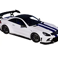 White Sporty Car With Blue Racing Stripes Black Roof And Large Rear Spoiler