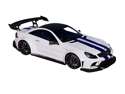 White Sporty Car With Blue Racing Stripes Black Roof And Large Rear Spoiler 3d model