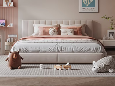 Cozy Kids Bed With Upholstered Headboard Soft Pillows Stuffed Bears And Striped Rug 3d model