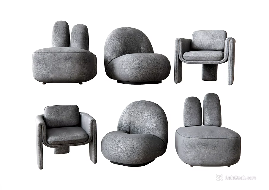 Modern Gray Single Sofa Collection With Rounded Design And Velvet Upholstery 3d model
