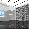 Modern Office Corridor With Elevators Marble Flooring Potted Plants Windows And Linear Ceiling Lights 3d model