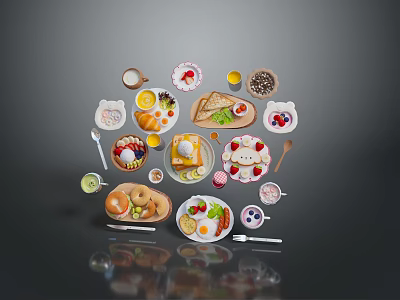 Assorted Delicious Breakfast Foods On Various Plates Including Bread Eggs Fruits And Drinks 3d model