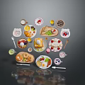 Assorted Delicious Breakfast Foods On Various Plates Including Bread Eggs Fruits And Drinks