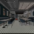 Modern Restaurant Interior Design With Teal Walls Blue Chairs White Tables And Hanging Lights