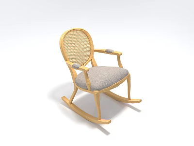 Wooden Rocking Stool With Rattan Backrest Gray Cushion And Armrests 3d model