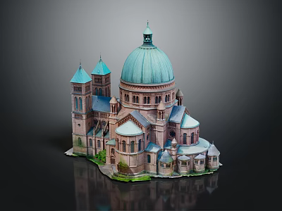 Cartoon Cathedral Scene With Green Dome Spires Stone Windows And Reflection 3d model