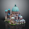 Cartoon Cathedral Scene With Green Dome Spires Stone Windows And Reflection 3d model