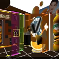 Orange Themed Exhibition Booth With Beverage Products And Brand Display Elements