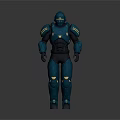 Blue 3D Robot Character With Yellow Accents And Armor Design In Standing Pose