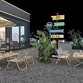 Black Exterior Container Building for Campsite Barbecue with Bar Counter Stools and Green Plants