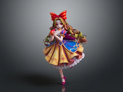 Elegant Game Movie Character With Long Curly Hair Large Red Bow Blue Yellow Dress Holding Apple 3d model