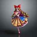 Elegant Game Movie Character With Long Curly Hair Large Red Bow Blue Yellow Dress Holding Apple
