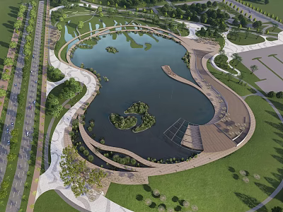 Scenic Park Landscape With Serene Lake Winding Paths Green Lawns And Trees 3d model