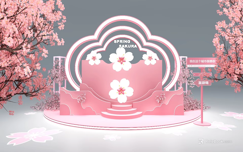 Pink Spring Sakura Photo Spot with Flower Stage Platform Decorations 3d model 