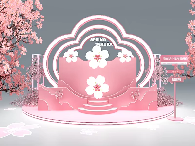Pink Spring Sakura Photo Spot with Flower Stage Platform Decorations 3d model