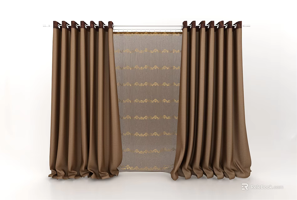 Elegant Brown Curtains With Sheer Layer And Golden Floral Patterns 3d model