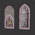 Gothic Stone Window Frames With Arched Design Brick Texture And Interior Elements 3d model