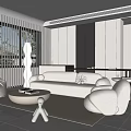 Modern Living Room Interior Design With White Sofa Armchair Round Coffee Table And Window Blinds