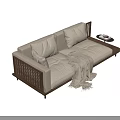 Modern Two Seater Sofa With Beige Fabric Wooden Frame Decorative Pillows And Throw Blanket