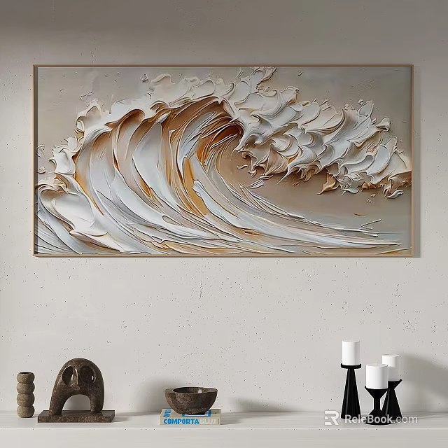 Modern Textured Abstract Painting with Cream White and Gold Wave Design 3d model 
