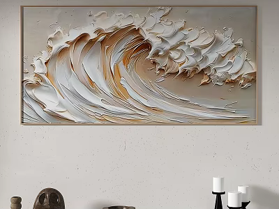 Modern Textured Abstract Painting with Cream White and Gold Wave Design 3d model