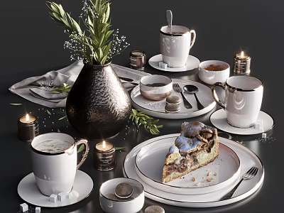 Elegant White Ceramic Tableware Set With Coffee Cups Plates Fresh Cake Greenery Vase And Candles 3d model