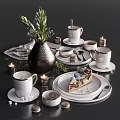 Elegant White Ceramic Tableware Set With Coffee Cups Plates Fresh Cake Greenery Vase And Candles