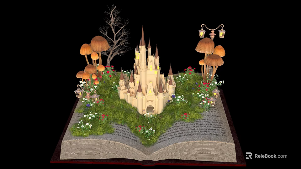 Magical Garden Plants in Open Book Scene With Castle Mushrooms Grass Flowers and Tree 3d model 