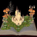 Magical Garden Plants in Open Book Scene With Castle Mushrooms Grass Flowers and Tree