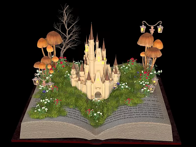 Magical Garden Plants in Open Book Scene With Castle Mushrooms Grass Flowers and Tree 3d model
