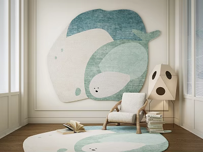 Whale Shaped Area Rugs In Minimalist Living Room With Chair And Lamp 3d model