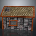 Cartoon Style Small House with Stone Walls Wooden Tile Roof and Small Window