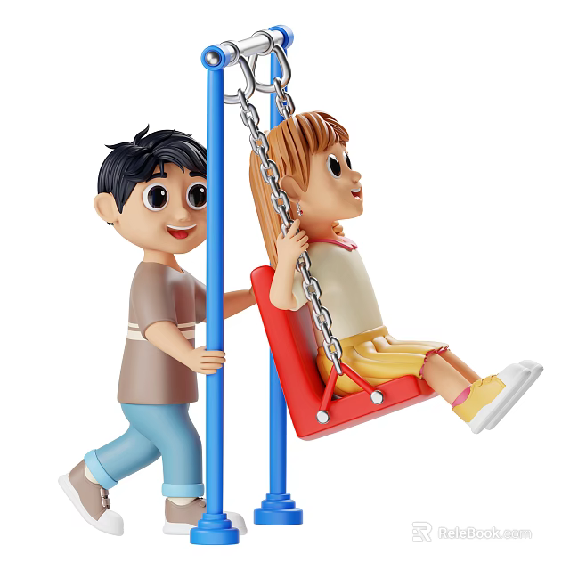 Happy Children Playing on Red Swing with Blue Pole Boy Pushing Girl 3d model 