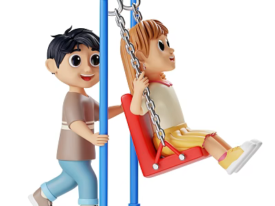 Happy Children Playing on Red Swing with Blue Pole Boy Pushing Girl 3d model