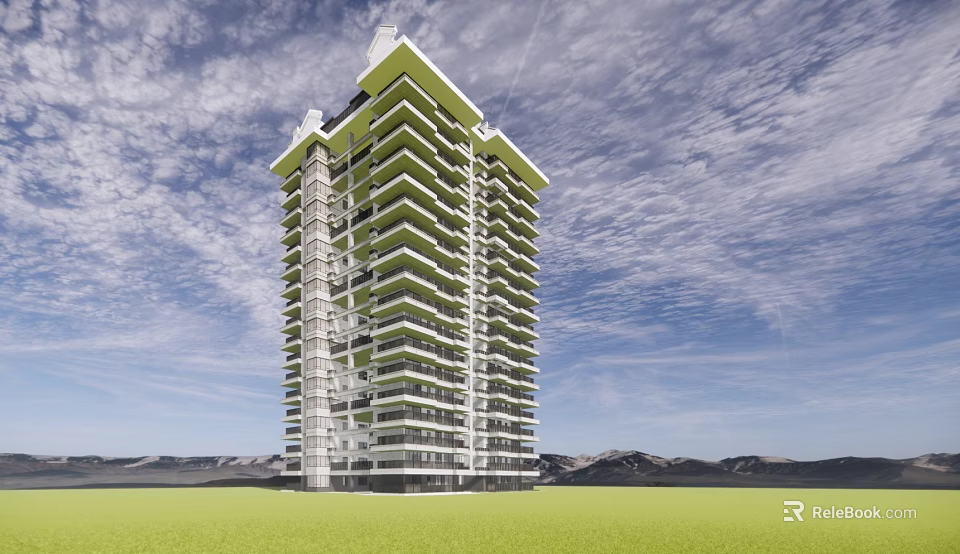 Modern High Rise Building Exterior With Green Balconies And Mountain View Design 3d model 