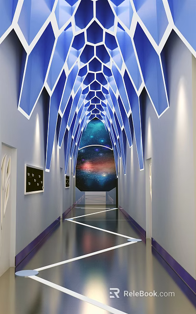 Modern Elevator Hallway With Blue Geometric Structures Starry Sky Backdrop And White Walls 3d model 