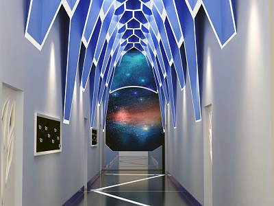 Modern Elevator Hallway With Blue Geometric Structures Starry Sky Backdrop And White Walls 3d model