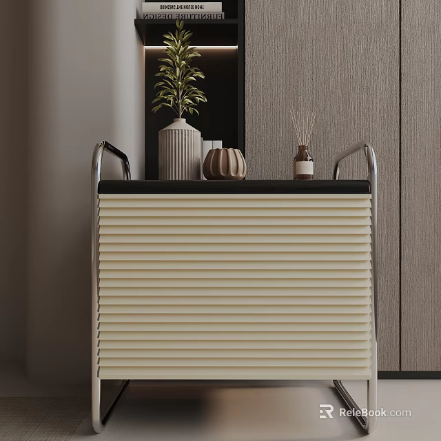 Modern Cream Colored Striped Side Table With Plant Vase Pumpkin Decor And Diffuser Bottle 3d model