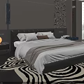 Modern Bedroom Interior Design With Large Bed Black White Zebra Pattern Rug And Red Chair