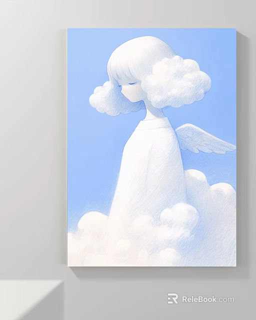 Abstract Painting of White Figure With Cloud Like Hair Closed Eyes Wings and Blue Background 3d model 