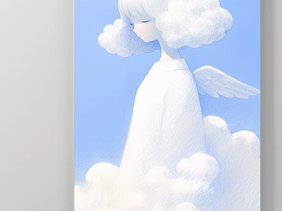 Abstract Painting of White Figure With Cloud Like Hair Closed Eyes Wings and Blue Background 3d model