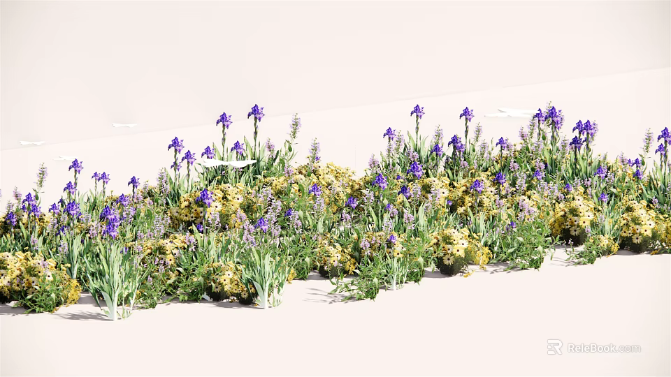 Gorgeous Purple Iris and Yellow Flowers Blooming in Vibrant Garden Bed 3d model 
