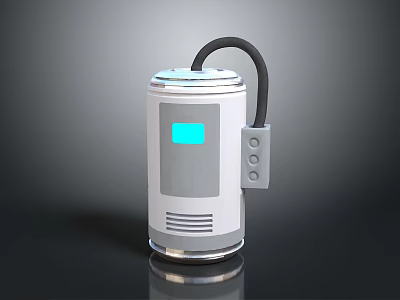 White And Gray Cylindrical Household Appliance With Blue Display Screen And Black Hose 3d model