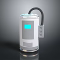 White And Gray Cylindrical Household Appliance With Blue Display Screen And Black Hose