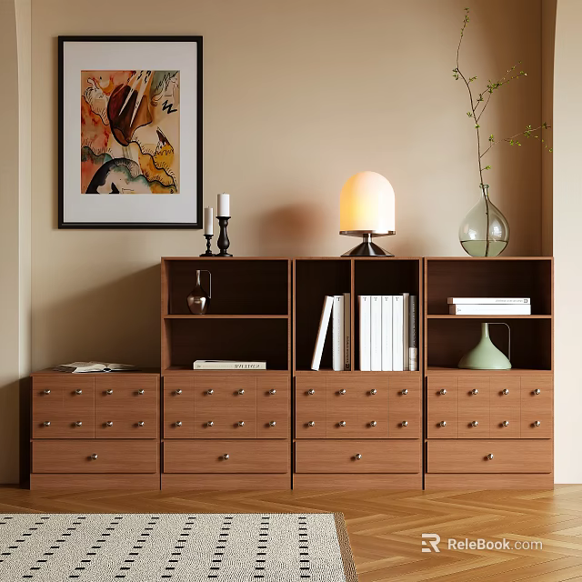 Modern Wooden Storage Cabinet with Drawers Open Shelves Books and Decorative Items 3d model 