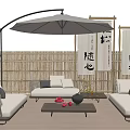 Wicker Outdoor Sofa With Bamboo Fence Cantilever Umbrella Calligraphy Scrolls Wooden Coffee Table Fruit Decor
