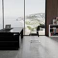 Modern Dark Wooden Office Desk with Laptop and Black Leather Chair by Sea View Windows